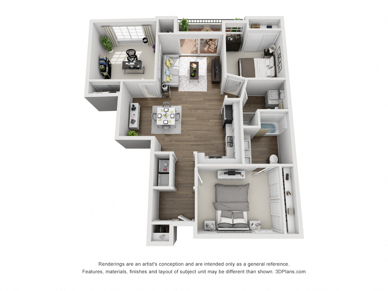 Floor plan for 3 beds, 2 baths, 1101 sqft